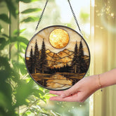 Golden Sunset Forest Stained Glass Suncatcher Tranquil Mountain Landscape Window Art Nature Retreat Gift for Rustic